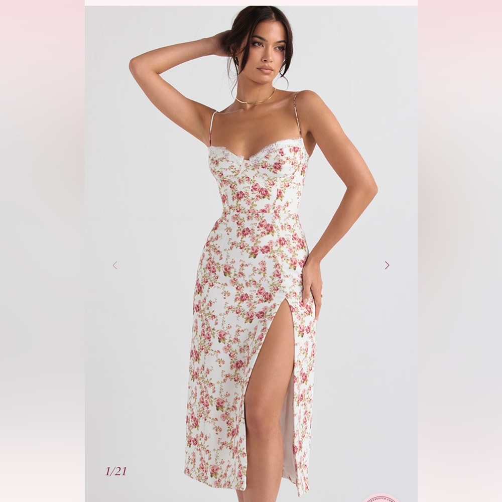 House of CB White Floral Midi Dress with Pink Roses
